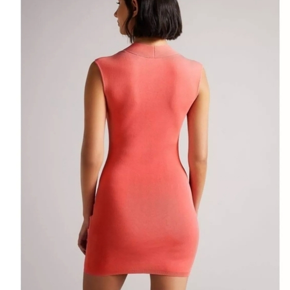 TED BAKER LONDON Novari Ruched Rib Knit Dress Coral Size 14 (6) - Picture 3 of 5